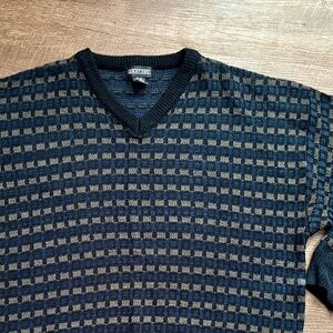 JANTZEN vintage men’s acrylic v-neck grandpa dad sweater blue geometric XL EUC